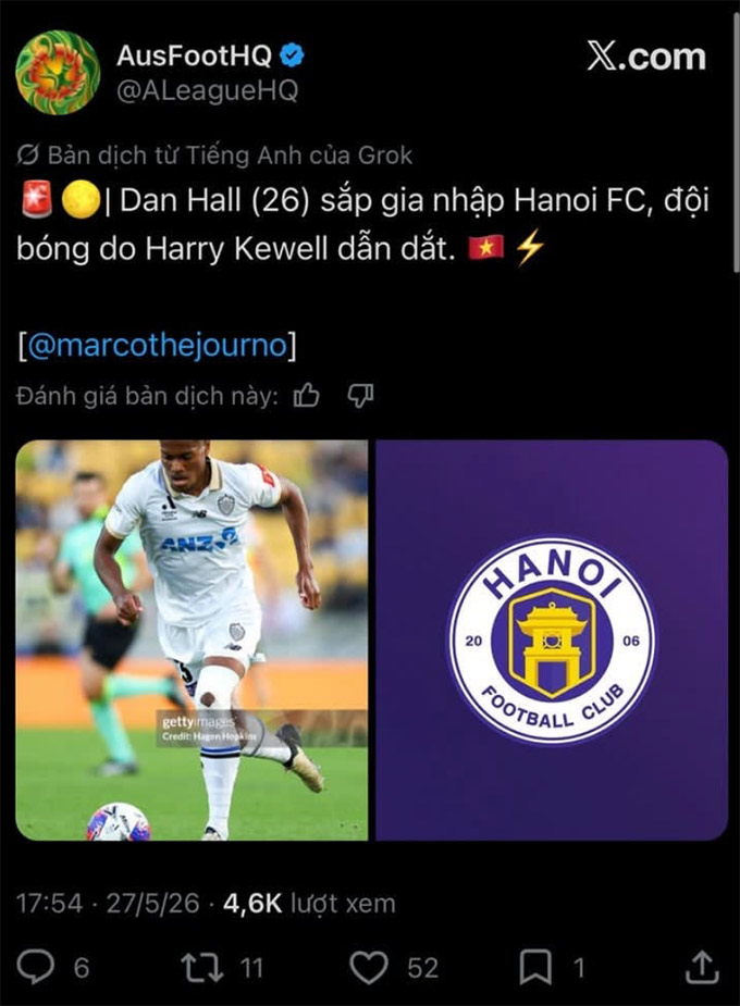 CLB Hà Nội có tân binh đầu tiên mùa giải mới Trung vệ Daniel Hall ký hợp đồng với CLB Hà Nội